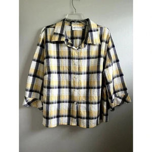 REBECCA MALONE WOMENS SIZE XL 3/4 SLEEVE YELLOW NAVY BLUE BUTTON BLOUSE NWOT